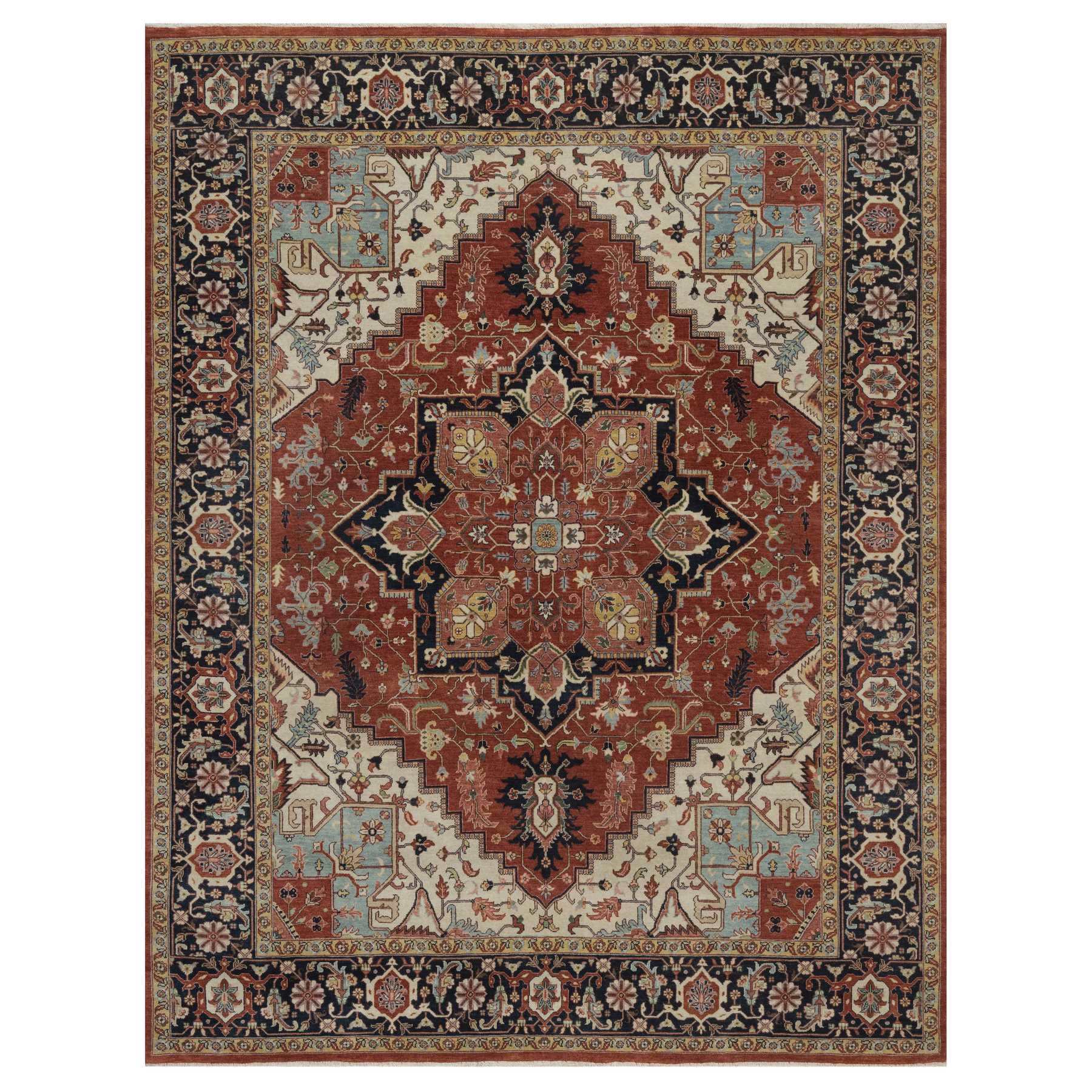 7'10"x10'1" Auburn Red, Antiqued Fine Heriz Re-Creation, Medallion Design, Hand Spun New Zealand Wool, Hand Knotted, Denser Weave, Vegetable Dyes, Oriental Rug 